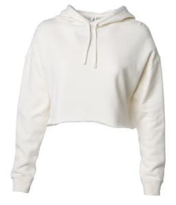 A white women's crop hoodie with a hood and long sleeves, featuring a relaxed fit. It has a logo.
