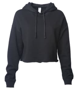 A black women's crop hoodie featuring a hood and long sleeves, with an adjustable drawstring and a logo.