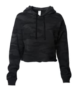A women's crop hoodie in black camouflage, featuring a hood and long sleeves. It has a brand logo.