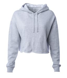 A women's crop hoodie in light grey with a hood and drawstring. Features long sleeves and a relaxed fit.