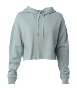A light blue women's crop hoodie featuring a drawstring and a relaxed fit. It has a logo on it.
