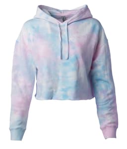 A women's cropped hoodie in pastel pink and blue tie-dye, featuring a hood and long sleeves. It includes a logo.