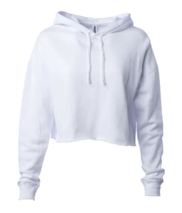 A white women's crop hoodie with a hood and drawstrings, featuring a relaxed fit and an accompanying logo.