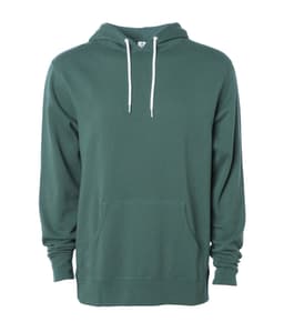 Unisex lightweight pullover hood in dark green, featuring a front pocket and drawstrings. Includes a logo.