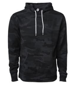 A unisex lightweight pullover hood in a black camouflage pattern with a front pocket and drawstring hood.