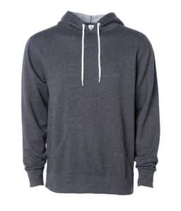 A unisex lightweight pullover hood in dark grey with a front pocket and white drawstrings. It features a logo.