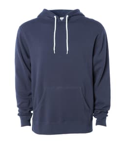 A unisex lightweight pullover hood in navy blue with a front pocket and a drawstring hood. Features a logo.