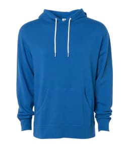 A unisex lightweight pullover hood in bright blue with a front pocket and white drawstrings, featuring a logo.