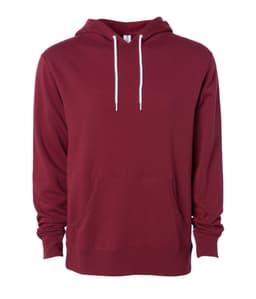 A unisex lightweight pullover hood in burgundy with a front pocket and drawstrings, featuring a logo.