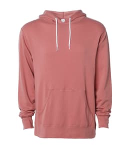 A unisex lightweight pullover hood in a muted pink colour, featuring a front pocket and a hood with drawstrings.