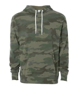 A unisex lightweight pullover hood in a green camouflage pattern with a front pocket and a drawstring hood.