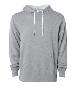 A unisex lightweight pullover hood in grey with a front pocket and drawstrings. It features a logo on the front.