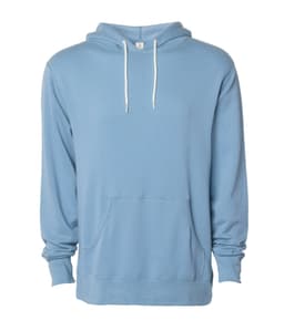 A unisex lightweight pullover hood in light blue with a front pocket and a logo on the waistband.