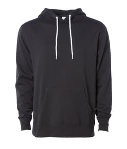 A black unisex lightweight pullover hood with a front pocket and white drawstrings. It features a logo on a label.