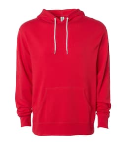 A unisex lightweight pullover hood in red with a front pocket and a logo on the label.