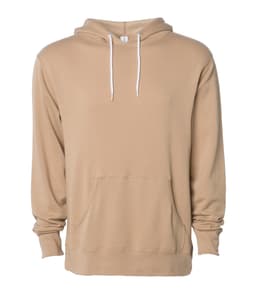 A unisex lightweight pullover hood in a light beige colour with a front pocket and drawstring hood.