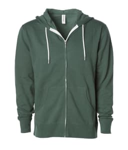 A unisex lightweight zip hood in dark green featuring a front zipper and two pockets. It has a logo on it.