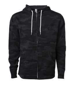 A unisex lightweight zip hood in a black camouflage pattern, featuring a front zipper and two pockets.