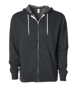 A unisex lightweight zip hoodie in charcoal grey with a white zipper and drawstrings. It features a logo on the front.