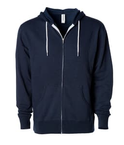 A unisex lightweight zip hood in navy blue with a front zipper and two side pockets. The hoodie has a hood with drawstrings.