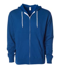 A unisex lightweight zip hood in blue with a front zip and two pockets. Includes a hood and contrasting drawstrings.