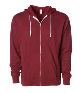 A unisex lightweight zip hood in burgundy with a front zipper and hood, featuring a logo.
