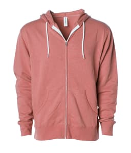 A unisex lightweight zip hoodie in a coral colour, featuring a hood and front pockets. It has a logo on it.