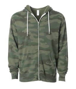A unisex lightweight zip hood in green camouflage pattern with a front zipper and two side pockets. Features a logo.