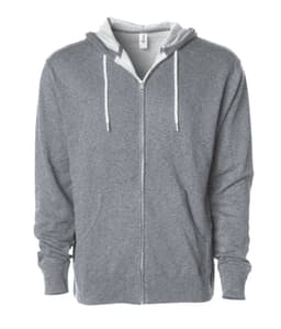 A grey unisex lightweight zip hood with a contrasting grey hood and drawstrings, featuring a logo.