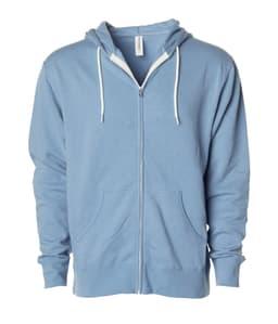 A unisex lightweight zip hood in light blue, featuring a zip closure, front pockets, and a hood. It has a logo.