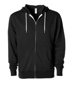 A unisex lightweight zip hood in black, featuring a front zip and two pockets, with a hood and drawstrings.