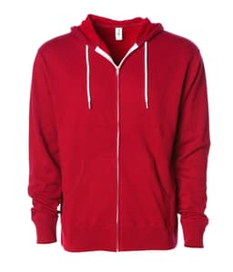 A red unisex lightweight zip hood with a front pocket, featuring a hood and drawstrings. It has a logo on the label.