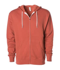 A unisex lightweight zip hood in a coral colour with a front zipper and drawstring hood. It has two side pockets and a logo.