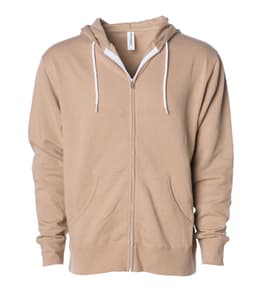 A unisex lightweight zip hood in beige with a front zipper and two pockets, featuring a hood and drawstrings.