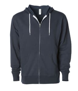 A unisex lightweight zip hood in navy blue, featuring a front zip, hood, and pockets, with a logo on the label.