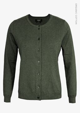 A green cardigan for women made from organic cotton, featuring a button-up front and long sleeves.