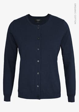 A navy cardigan for women featuring a round neckline, long sleeves, and button-up front. It has a logo on the label.