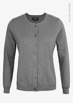 A grey cardigan with long sleeves and a button-up front, made from organic cotton, featuring a logo tag.