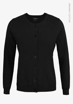 A black cardigan with a round neckline and button closure. It features long sleeves and is made from organic cotton.