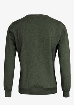 A dark green cardigan with a crew neckline and long sleeves, featuring a plain back design.