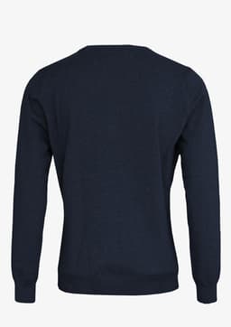 A dark navy cardigan featuring a crew neck and long sleeves, with a smooth textured finish. It has a logo on the back.