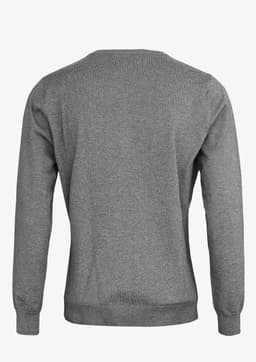A grey cardigan with a simple design, featuring long sleeves and a rounded neckline, with a logo on the back.