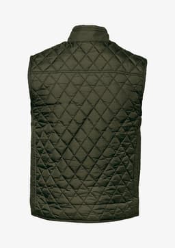 A quilted vest in olive green with a high collar and a branded logo.