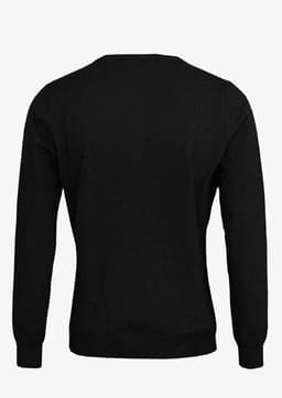 A black women's cardigan with long sleeves and a crew neck, featuring a solid back design.