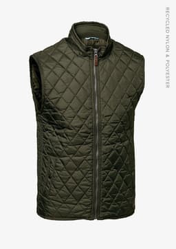 A green quilted vest with a front zipper, designed from recycled nylon and polyester, features a branding logo.