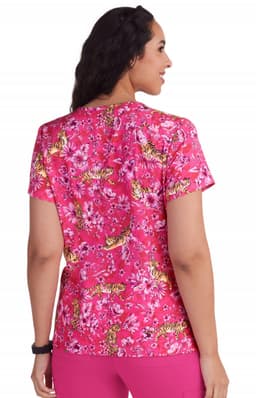 A pink floral top with a tiger print featuring short sleeves and a rounded neckline, seen from the back.