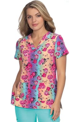 A floral-print top featuring vibrant colours including pink, blue, and yellow, with short sleeves and a V-neck design.