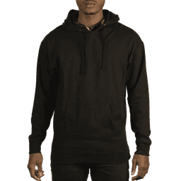 A black pullover crewneck hoodie with a front pocket and drawstring hood. It features a subtle logo on the chest.
