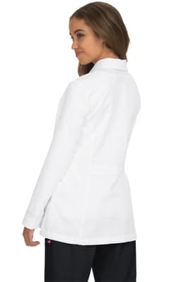 A white lab coat with a tailored fit, featuring a collar and a logo on the back, modeled by a woman.