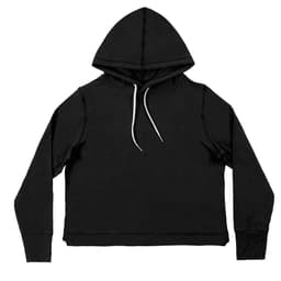 A black crop hoodie with a hood and drawstrings, featuring a simple design and long sleeves.
